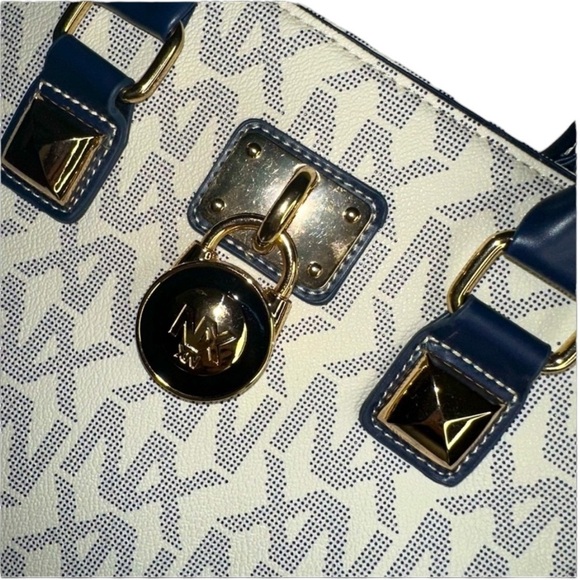 Noble Exchange NX Signature Print Padlock Tote Satchel Handbag blue / white - Picture 6 of 8